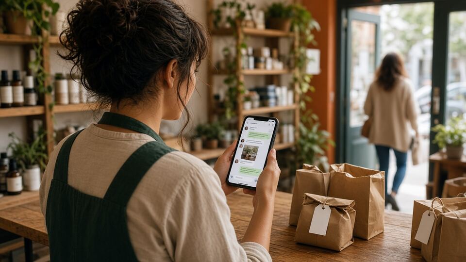 Dueña de una tienda respondiendo pedidos por WhatsApp junto a los paquetes listos para recoger