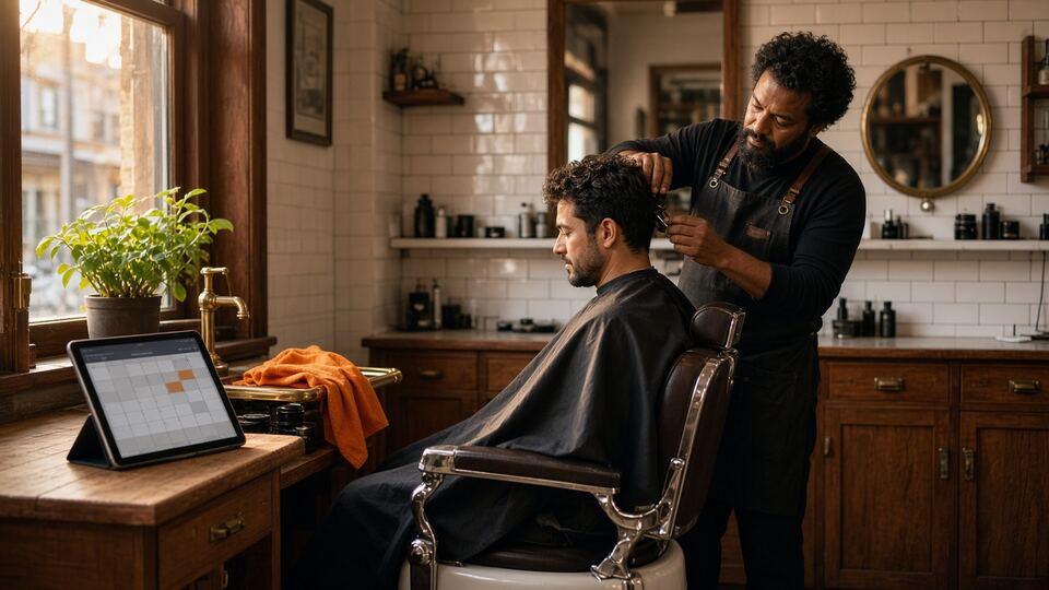 Barbero atendiendo a un cliente con la agenda de citas en una tablet