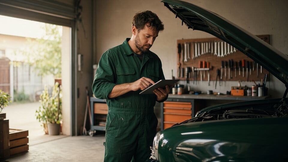 Mecánico preparando un presupuesto en una tablet junto a un coche